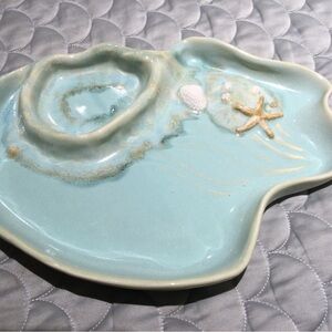 Mussels & More Pottery Nautical Dip Platter Aqua Ocean Starfish Barnacle